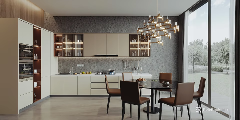Modern Open Concept Kitchen Interior Design With Island Counter Cabinets And Chandelier 3d model 