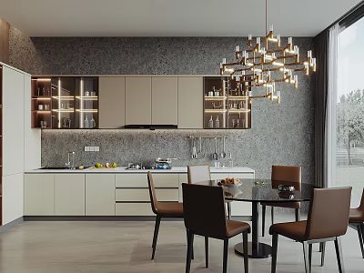 Modern Open Concept Kitchen Interior Design With Island Counter Cabinets And Chandelier 3d model