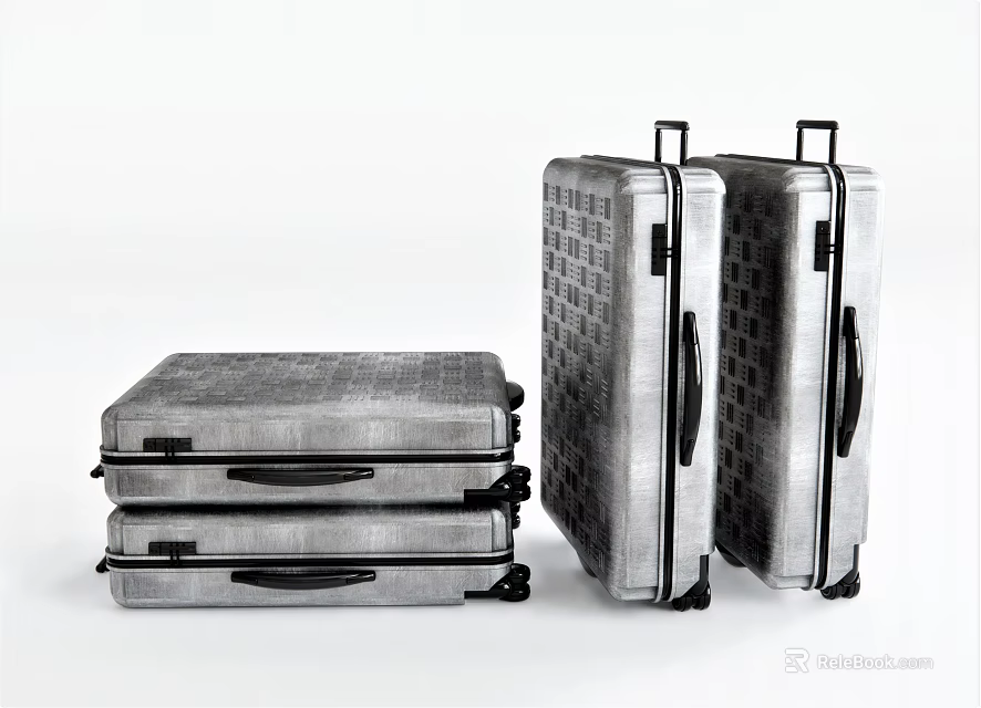 Silver Suitcases Stacked and Upright with Grid Pattern Telescopic Handles and Rolling Wheels 3d model