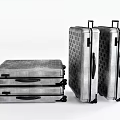 Silver Suitcases Stacked and Upright with Grid Pattern Telescopic Handles and Rolling Wheels 3d model