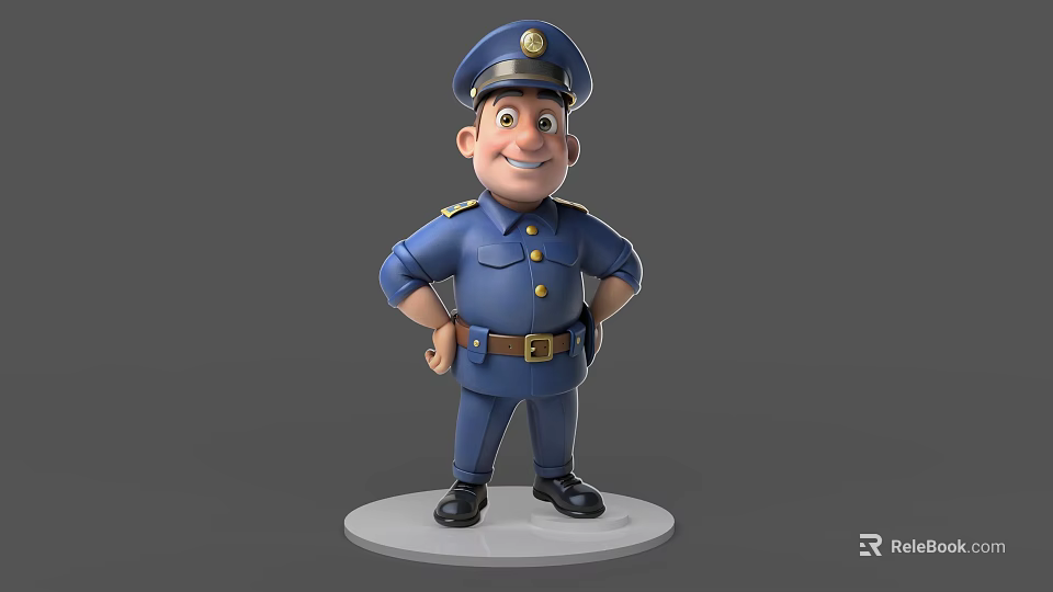Cartoon Game Movie Police Character in Blue Uniform With Hat and Hands on Hips 3d model 