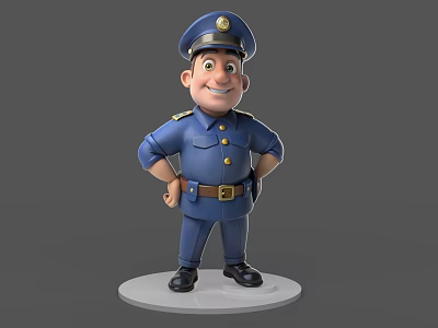 Cartoon Game Movie Police Character in Blue Uniform With Hat and Hands on Hips 3d model