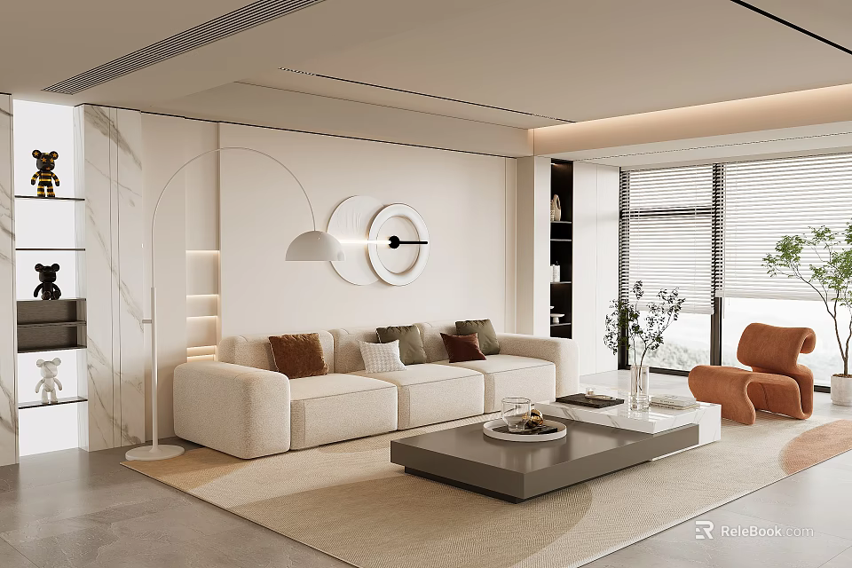 Modern Minimalist Living Room With White Sofa Colorful Cushions Grey Coffee Table And Orange Armchair 3d model 