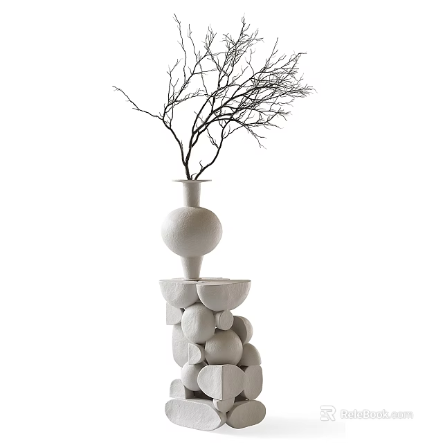 Decorative Ornament Set With White Vase Bare Branches And Stacked Stone Pedestal 3d model 