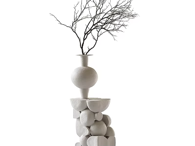 Decorative Ornament Set With White Vase Bare Branches And Stacked Stone Pedestal 3d model