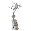 Decorative Ornament Set With White Vase Bare Branches And Stacked Stone Pedestal