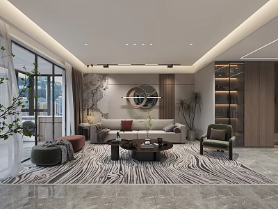 Modern Living Room Interior Design With Large Windows Sofa Zebra Rug And Green Plants 3d model