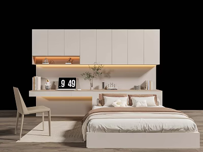 Modern Minimalist Single Bed Bedroom Interior With White Cabinets Desk Clock Vase And Books 3d model