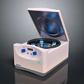 White Laboratory Centrifuge With Open Lid And Bottle Holders On Dark Background