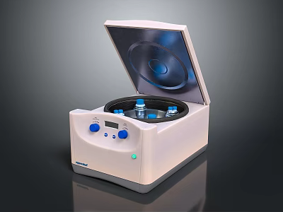 White Laboratory Centrifuge With Open Lid And Bottle Holders On Dark Background 3d model