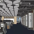 Modern Public Office Space Interior With Geometric Ceiling Glass Partitions And Blue Carpet