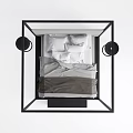 Modern Minimalist Double Bed With Black Frame Canopy Upholstered Headboard Linen Bedding Glass Side Tables