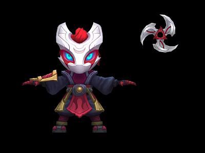 Animated Fantasy Character With White Helmet Red Accents Blue Glowing Eyes And Throwing Star Weapon 3d model