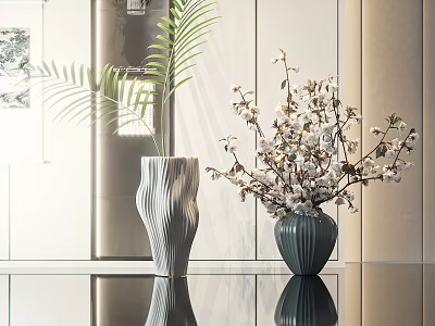 White Textured And Blue Ribbed Vases With White Blooms In Modern Interior 3d model