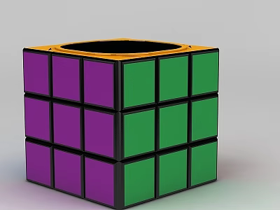 Tech Exhibition Hall Featuring Colorful Rubik's Cube With Purple Green Panels 3d model