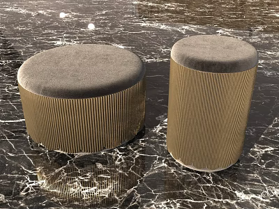 Round Gold Striped Metal Stools With Gray Upholstered Top On Marble Floor 3d model