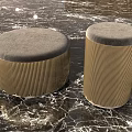 Round Gold Striped Metal Stools With Gray Upholstered Top On Marble Floor