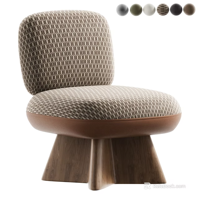 Modern Upholstered Single Chair With Patterned Fabric And Wooden Cone Legs 3d model 
