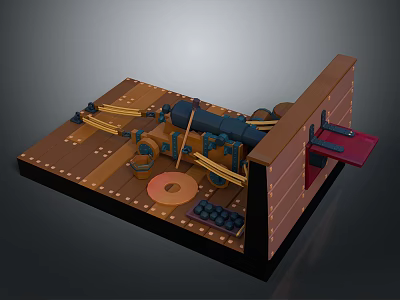 Ancient Weapon Model Featuring Wooden Base Metal Barrel Mechanical Components And Ammunition Balls 3d model