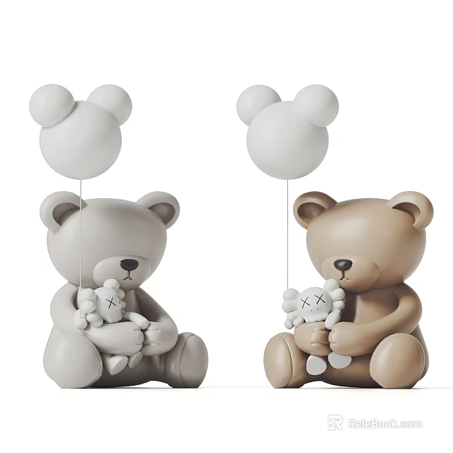 Gray and Brown Teddy Bear Dolls Cuddling Small Stuffed Toys on White Background 3d model 