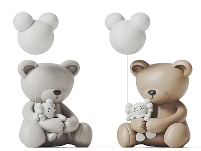 Gray and Brown Teddy Bear Dolls Cuddling Small Stuffed Toys on White Background 3d model