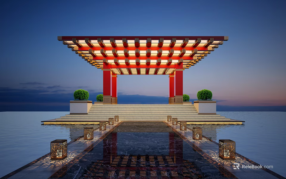 Waterfront Pavilion With Red Columns Grid Pattern Lit Roof And Greenery Reflections 3d model