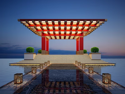 Waterfront Pavilion With Red Columns Grid Pattern Lit Roof And Greenery Reflections 3d model