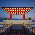 Waterfront Pavilion With Red Columns Grid Pattern Lit Roof And Greenery Reflections 3d model