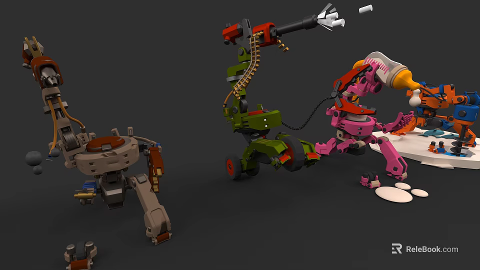 Mechanical Game And Movie Characters With Various Colors And Mechanical Parts Arms Wheels Chains 3d model 