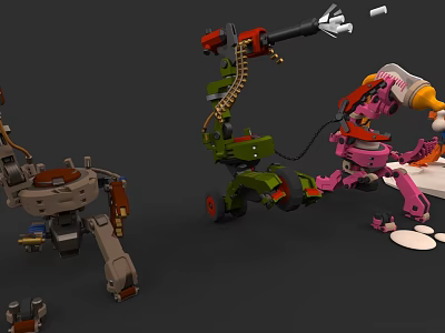 Mechanical Game And Movie Characters With Various Colors And Mechanical Parts Arms Wheels Chains 3d model
