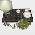 Tea Set on Dark Wooden Tray Featuring White Teapot Glass Cloche Plant and Green Fruits