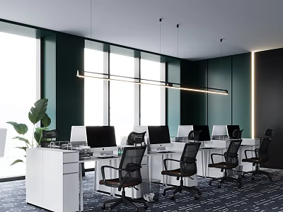 Modern Public Office Space With White Desks Black Chairs Multiple Computers And Natural Light 3d model