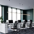 Modern Public Office Space With White Desks Black Chairs Multiple Computers And Natural Light