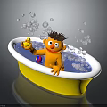 Yellow Bathtub Featuring Cartoon Character Yellow Rubber Duck Bubbles and Blue Water