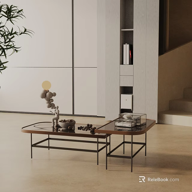 Modern Living Room Sofa Coffee Table Set With Nested Tables Decorative Ornaments and Potted Plant 3d model 