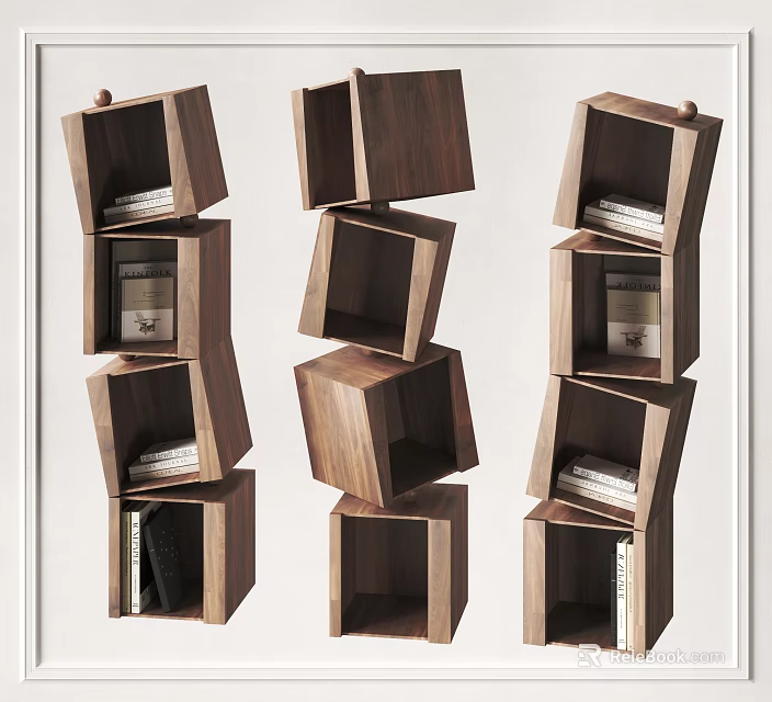 Wooden Bookcase With Stacked Cube Modules And Open Shelves Containing Books 3d model 