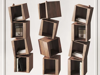 Wooden Bookcase With Stacked Cube Modules And Open Shelves Containing Books 3d model