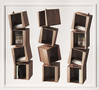 Wooden Bookcase With Stacked Cube Modules And Open Shelves Containing Books 3d model