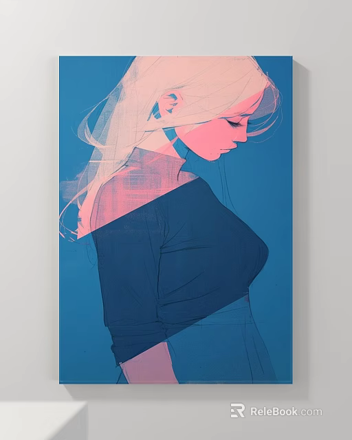 Modern Female Portrait Painting With Blonde Hair Dark Clothing Profile View And Blue Background 3d model 