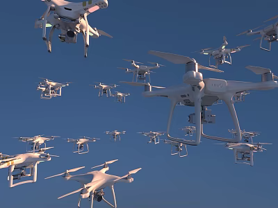 Fleet of Smart Drones Flying in Formation Across Clear Blue Sky 3d model