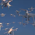 Fleet of Smart Drones Flying in Formation Across Clear Blue Sky