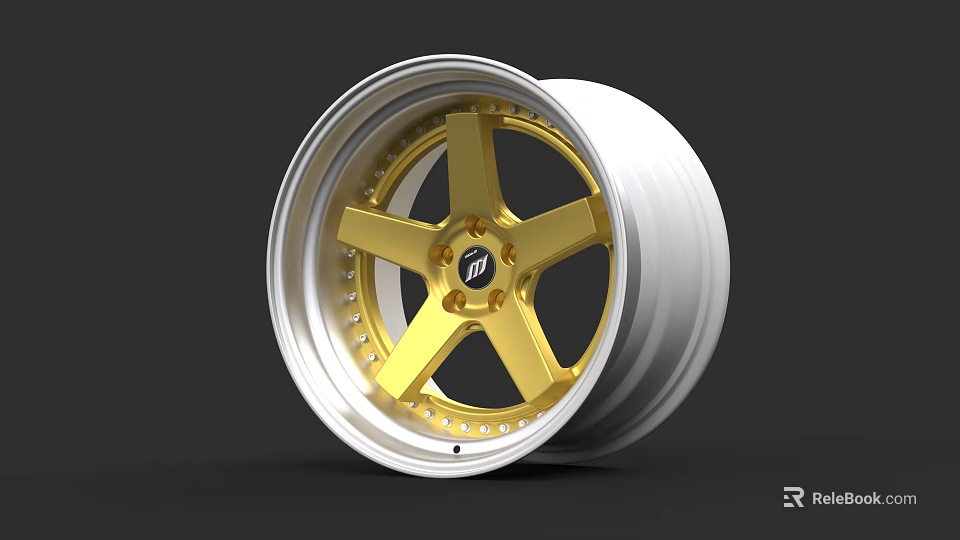 Car Wheel Featuring Silver Rim And Gold Spokes With Center Logo 3d model 