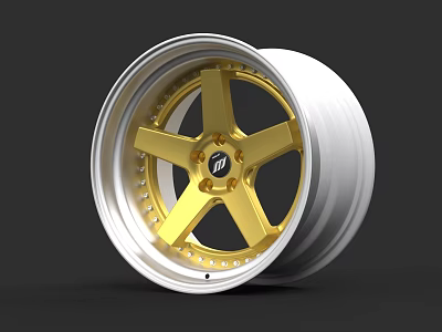 Car Wheel Featuring Silver Rim And Gold Spokes With Center Logo 3d model