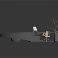 Modern Curved Reception Desk With Laptop Chair And Decorative Plant On Reflective Floor