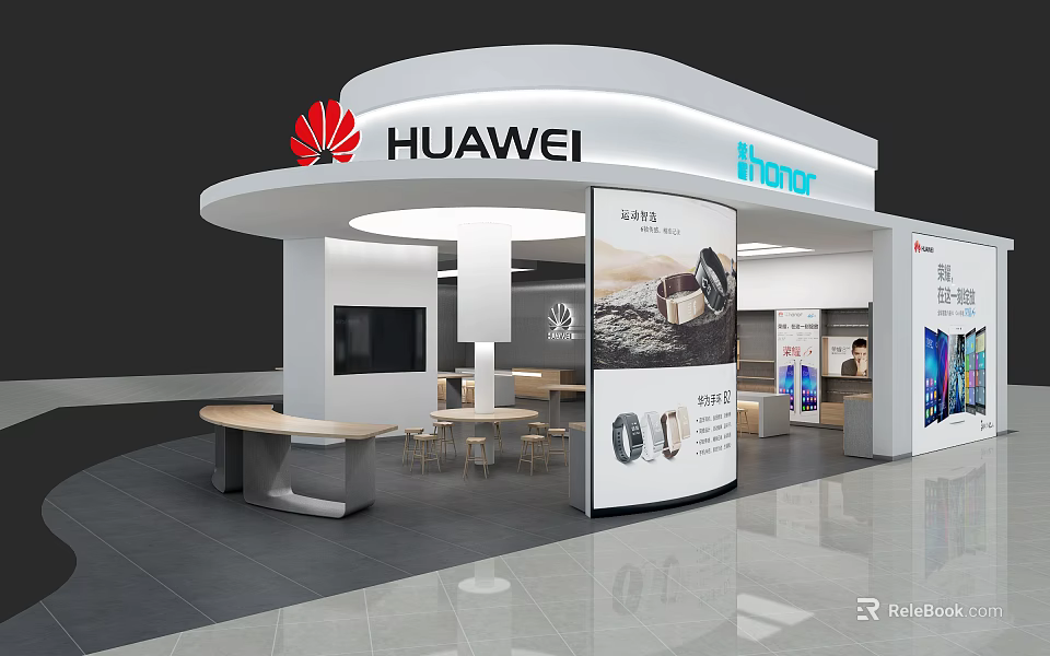 Huawei Digital Store Featuring Modern Display Counters Product Posters and Comfortable Seating 3d model 
