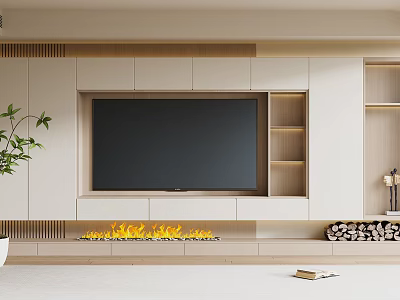 Modern TV Wall Design With Wooden White Cabinets Open Shelves Fireplace Flame Stacked Firewood 3d model
