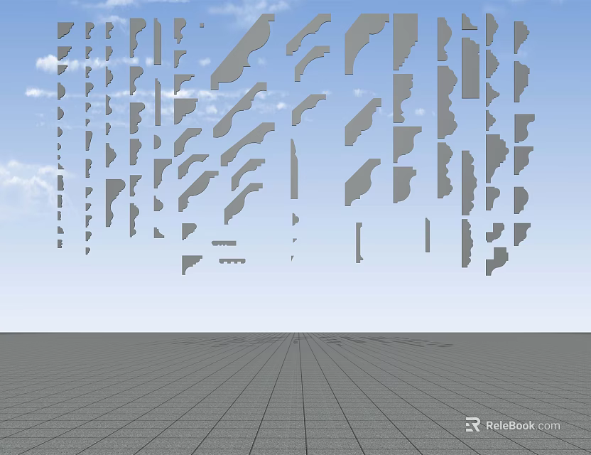 Abstract Gray Line Patterns Against Blue Sky With White Clouds And Gray Grid Floor 3d model