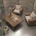 Natural Wooden Leisure Sofa Set With Green Plant Coffee Table And Brick Wall