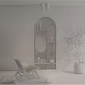 Wooden Leisure Chair In Cozy Living Room With Arched Shelf Green Plant And Round Rug