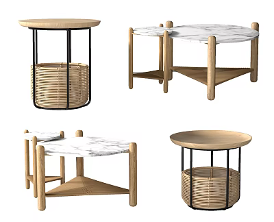 Modern Coffee Tables With Wooden Legs Marble Top And Rattan Storage Shelves 3d model
